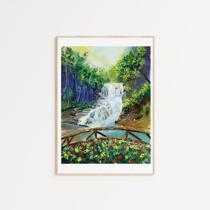 Vietnam Waterfall Gouache Print: Asian Landscape Art
