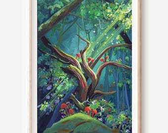 Fantasy Oak Tree Print: Whimsical Woodland Gouache Painting