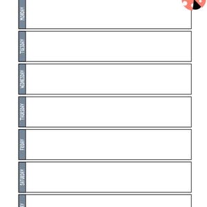 May include: A white weekly planner with a ladybug theme. The planner has seven rectangular boxes for each day of the week, labeled Monday through Sunday. The words "Weekly Planner" are at the top. Decorative ladybugs are in the corners.