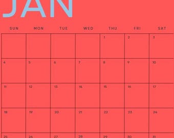May include: A red calendar page for January with a grid of dates. The word "JAN" is in light blue at the top. The days of the week are listed across the top, and the dates are in a grid below.