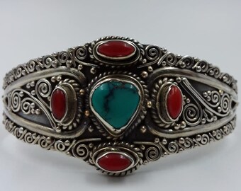 Coral, Turquoise, Sterling Silver Beautiful design cuff bracelets