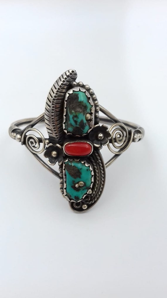 Turquoise Rough Stone Coral Leaf design Sterling S