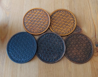 Basketweave Leather Coaster, One Leather coaster, Handmade Leather Coaster, Hand tooled Leather Coaster