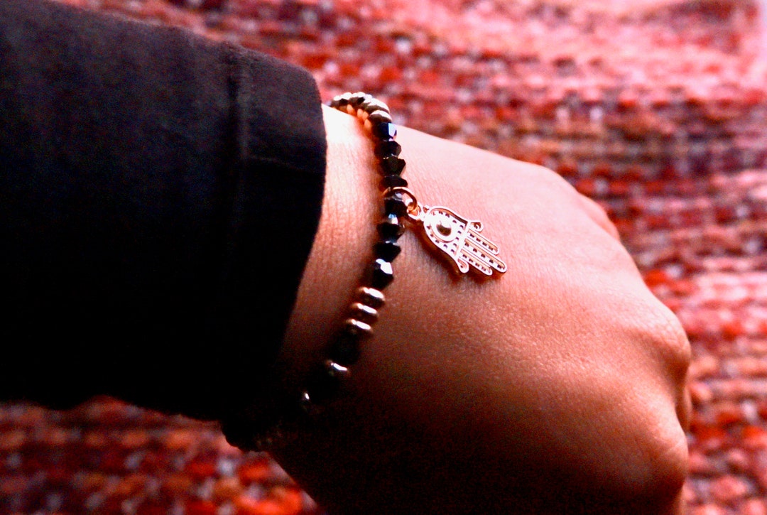 Black and Gold Beaded Hamsa Charm Bracelet Etsy UK