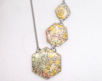 Hexagon Map Necklace | Paper & Wood Decoupage Asymmetrical Necklace | Vintage French Road Map Necklace | Modern Handmade Jewelry | Geojojo