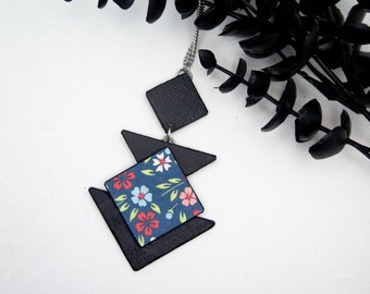 Floral Wood & Japanese Washi Paper Pendant | Black Blue Decoupage Square Triangle Pendant | Geometric Pendant | Handmade Jewelry. Geojojo