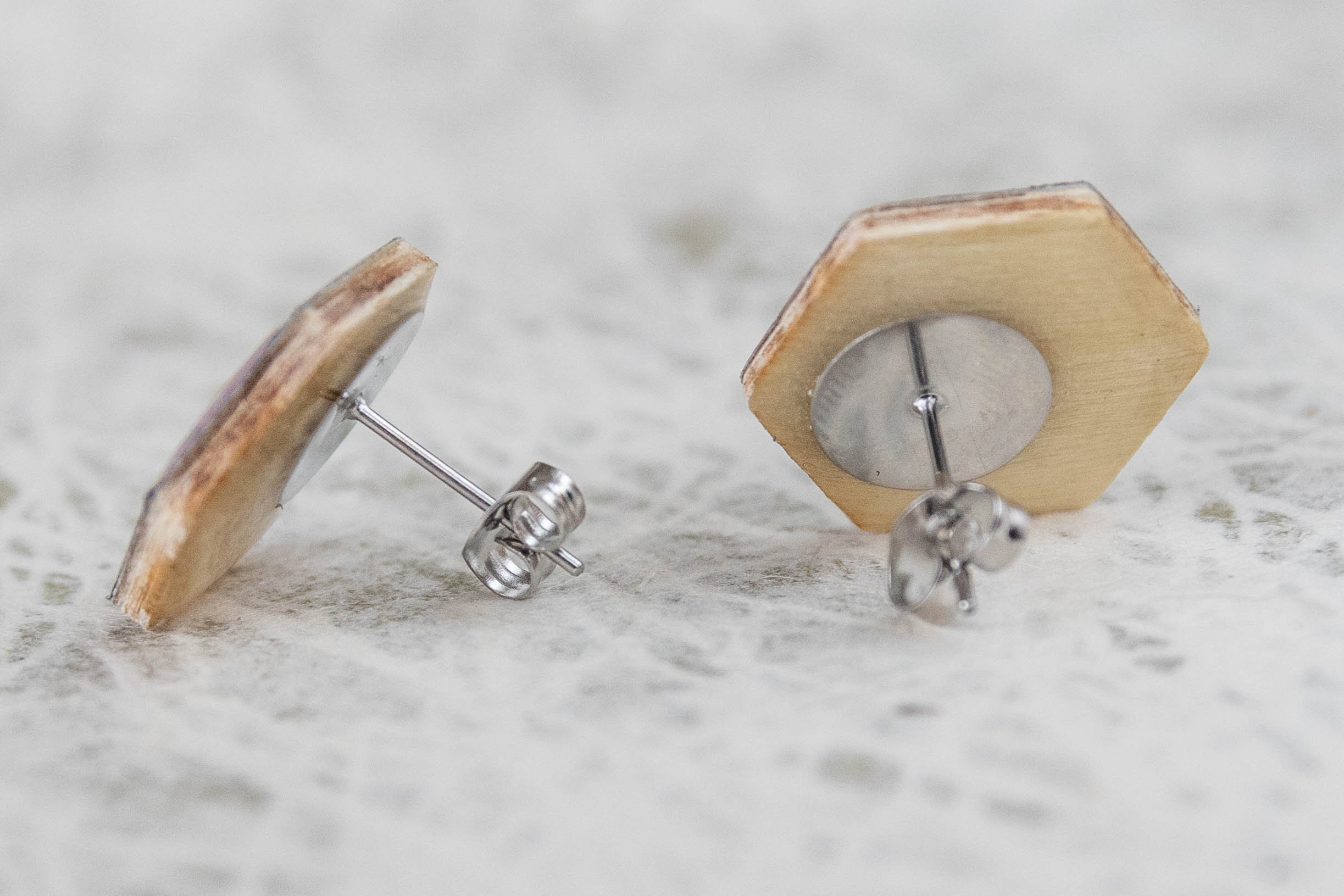 Floral Paper & Wood Stud Earrings Wooden Decoupage Hexagons Etsy