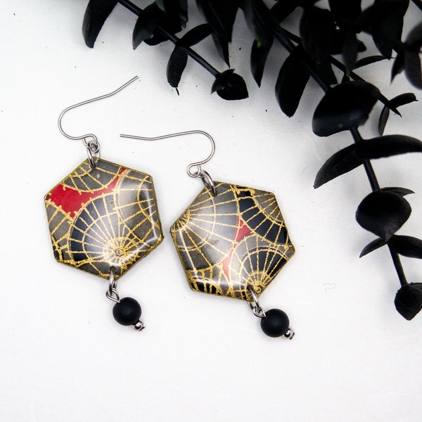 Japanese Red Black and Gold Wood & Paper Drop Earrings - Wooden Decoupage Dangle Earrings – Geometric Umbrella Washi Print. Geojojo