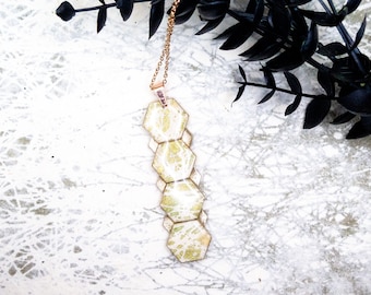 Hexagon Gold Crackle Necklace | Japanese Washi Paper & Wood Decoupage Necklace | Long Geometric Pendant | Handmade Jewelry | Geojojo
