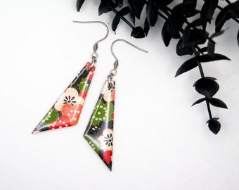 Japanese Cherry Blossom Wood & Paper Drop Earrings - Wood Decoupage Dangle Earrings –Trapezoid Floral Washi Print- Handmade Jewelry. Geojojo