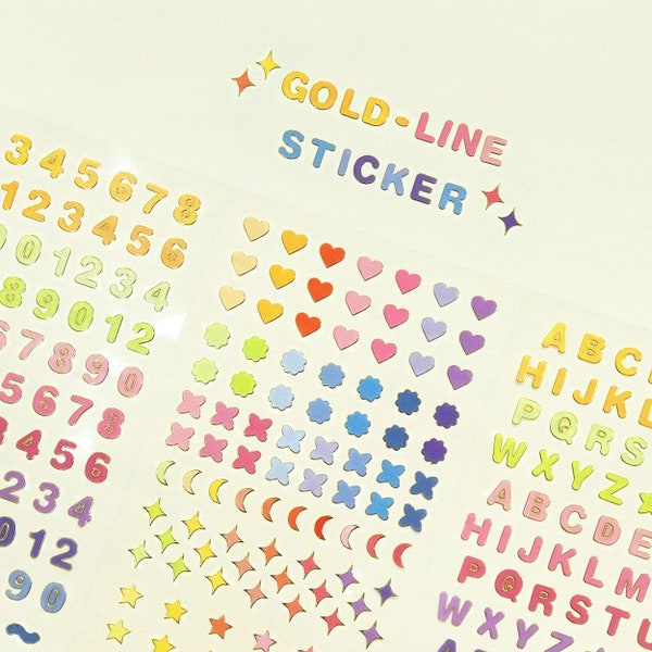 Gold foil line removable decorating sticker, alphabet stickers, heart sticker, planner decor sticker, number sticker, polaroid decor sticker