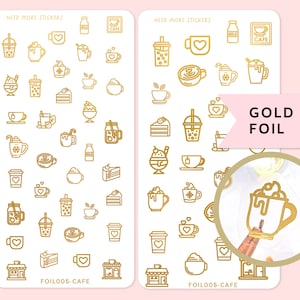 Gold foil coffee icon stickers for planner diary journer, drink gold sticker, coffee sticker, cafe sticker, tea sticker, boba tea sticker