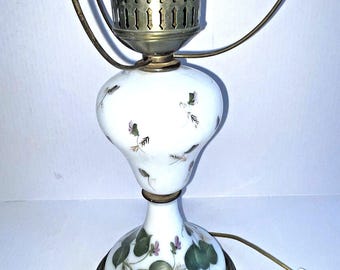 Hand painted GLASS  Sage Green lavendar flower Table Lamp 12 Vintage Works