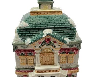 Tarro de galletas de cerámica vintage de 1995 Cosmos City Hall Victorian Christmas Village REA
