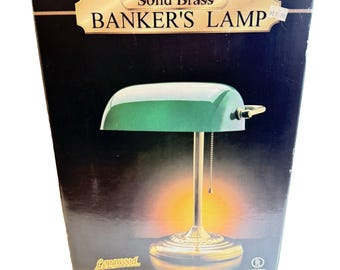 Lámpara de mesa de banquero, cristal verde, lámpara de escritorio vintage de latón macizo con cadena para tirar.
