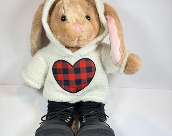 Conejo de Pascua Build-A-Bear de peluche de 38 cm (15 pulgadas), color marrón con estampado de tartán y zapatos con forma de corazón. ¡Sonido!