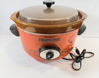 Olla de cocción lenta Rival Brown Crock Pot de 5 cuartos, modelo 3350/2, con tapa de plástico, color naranja sanguina vintage.
