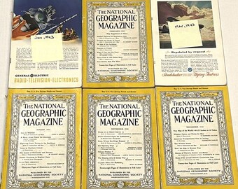 1943 The National Geographic Magazines 6 lot jan,feb,may,aug,nov,dec vtg