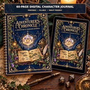 May include: A 60-page digital character journal titled The Adventurer's Chronicle, featuring a spiral-bound physical notebook and a tablet display. The cover art depicts a glowing 20-sided die, an open map, a quill, and potion bottles.
