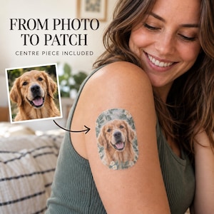 May include: A custom oval-shaped adhesive patch featuring a printed portrait of a golden retriever dog surrounded by a floral pattern. The text FROM PHOTO TO PATCH CENTRE PIECE INCLUDED is visible at the top of the image above the patch.