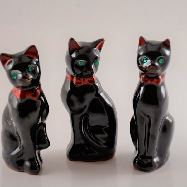 Redware Black Cats with Green Rhinestone Eyes