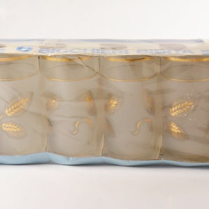 May include: A package of six clear glass drinking glasses with gold wheat designs. The glasses are packaged in a clear plastic wrap with a blue and white cardboard backing that reads "6 Bicchieri Bista".