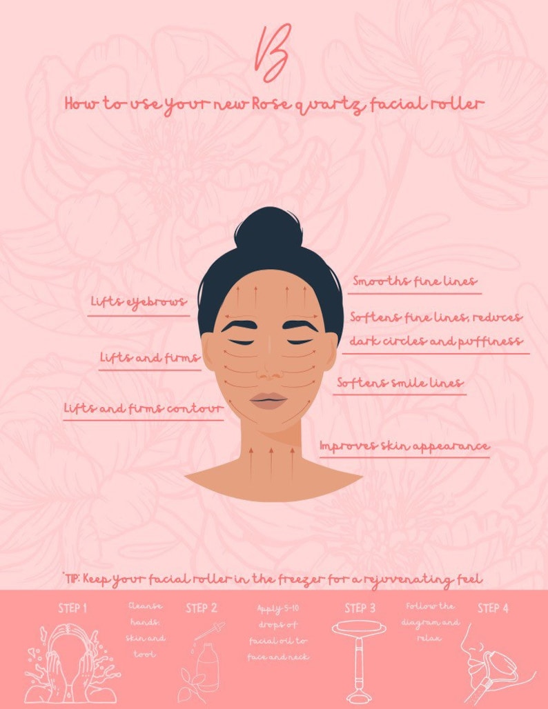 May include: A pink and white illustration showing how to use a rose quartz facial roller. The illustration shows a woman's face with arrows indicating the direction to roll the roller. The text on the image reads: "How to use your new Rose quartz facial roller" and "TIP: Keep your facial roller in the freezer for a rejuvenating feel".