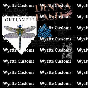 May include: A white background with a dragonfly and the text "OUTLANDER" in black. The background is shaped like a home plate. The image is surrounded by the text "Wyatte Customs" repeated multiple times in black.