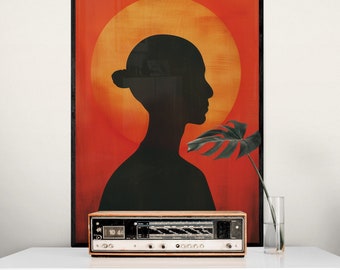 Female Silhouette Abstract Digital Print, Elegant Woman In Front Of A Sun Minimalist Printable Wall Art, Instant Download