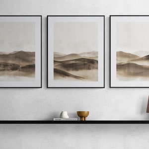 Digital Watercolor Mountian Painting, Set Of 3 Printable Wall Art, Monochrome Beige  Art Prints, Minimalistic Landscape, Instant Download