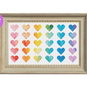 Cross Stitch Pattern | 30 Small Rainbow Hearts | Watercolor Style | Modern Cross Stitch | DIY | PDF Download