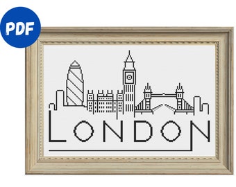 London Cross Stitch Pattern PDF, Cross Stitch Pattern Beginner, Beginner Cross Stitch Pattern PDF, London Skyline Art, London Embroidery