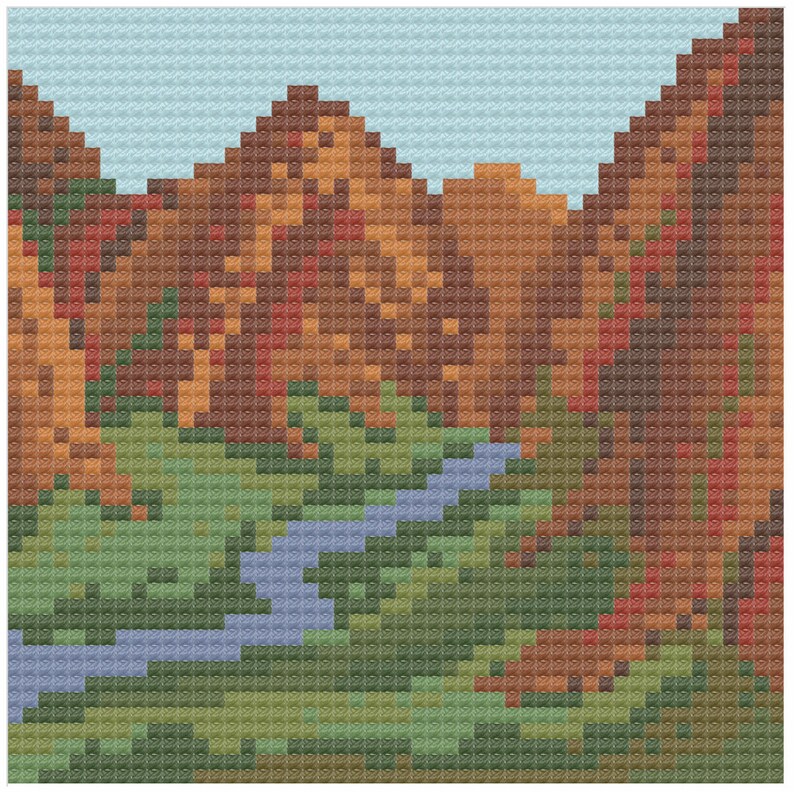 May include: A pixel art image of a mountain range with a river flowing through a valley. The mountains are brown and orange, and the river is blue. The valley is green.