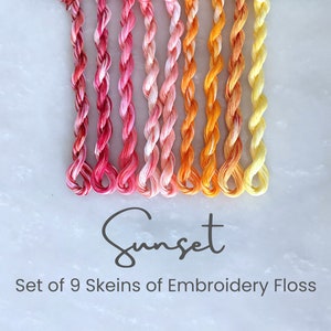 Sunset Embroidery Floss - Set of 9 Colors, Hand Dyed Variegated Floss, 6-Strand Cotton, Dyed Thread, Modern Cross Stitch, Modern Embroidery