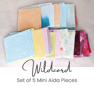 May include: A collection of mini Aida cloth pieces in various pastel colors, including peach, blue, yellow, pink, and purple. The image features the text "Wildcard" and "Set of 5 Mini Aida Pieces". These squares are ideal for cross-stitch projects.