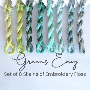 Green Embroidery Floss - Set of 8 Colors, Hand Dyed Variegated Floss, 6-Strand Cotton, Dyed Thread, Modern Cross Stitch, Modern Embroidery