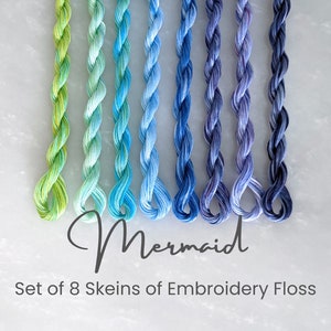 Mermaid Embroidery Floss - Set of 8 Colors, Hand Dyed Variegated Floss, 6-Strand Cotton, Dyed Thread, Modern Cross Stitch, Modern Embroidery