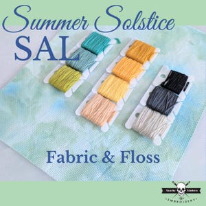 May include: An image featuring embroidery floss in various colors, including teal, yellow, orange, and black, arranged on a light green and blue fabric. The text "Summer Solstice SALE" and "Fabric & Floss" are visible.
