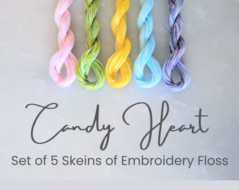 Candy Heart Embroidery Floss - Set of 5 Colors, Hand Dyed Floss, 6-Strand Cotton, Dyed Thread, Modern Cross Stitch, Modern Embroidery