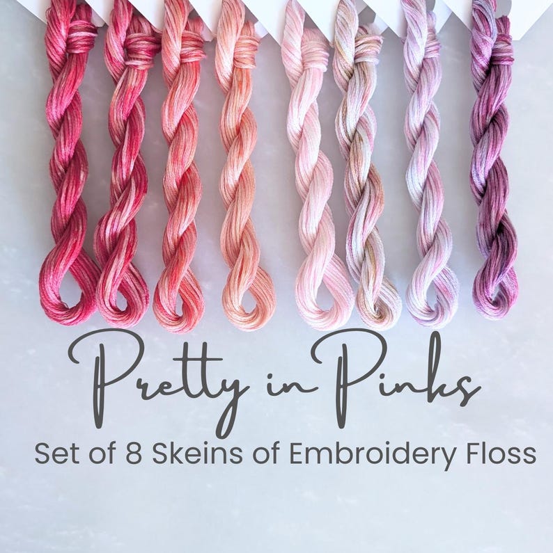 Pink Embroidery Floss - Set of 8 Colors, Hand Dyed Variegated Floss, 6-Strand Cotton, Dyed Thread, Modern Cross Stitch, Modern Embroidery image 1