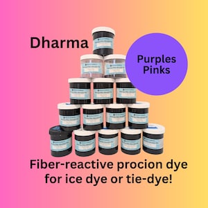 May include: A pyramid of Dharma fiber-reactive procion dye jars in various shades of purple and pink. The jars have black lids and white labels. Text on the image reads "Purples Pinks" and "Fiber-reactive procion dye for ice dye or tie-dye!"