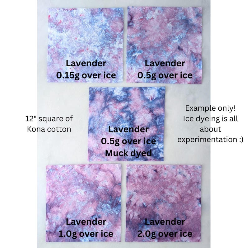 May include: A display of five Kona cotton squares, each approximately 12 inches, dyed with lavender dye using the ice dyeing technique. The squares show variations in color intensity based on the amount of dye used, ranging from 0.15g to 2.0g.