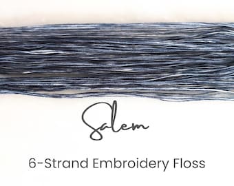 May include: A skein of 6-strand embroidery floss in a blue and white colorway. The floss is labeled "Salem".