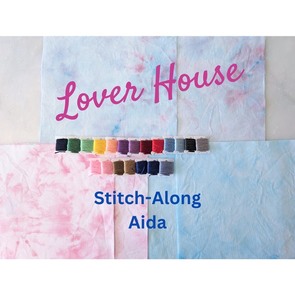 Hand-Dyed Lover Aida - Background for Lover House Stitch-Along, Pink Blue Purple Marbled Aida, 14-Count Aida Fabric, Free SAL