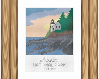 Cross Stitch Pattern - Acadia National Park, Mini Cross Stitch, National Park Pattern, National Park Landscape Cross Stitch, Lighthouse