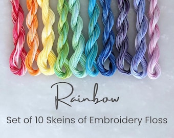 Rainbow Embroidery Floss - Set of 10 Colors, Hand Dyed Variegated Floss, 6-Strand Cotton, Dyed Thread, Modern Cross Stitch, Modern Embroider
