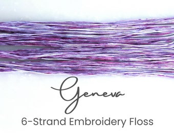 May include: A skein of purple and white 6-strand embroidery floss, labeled "Geneva".
