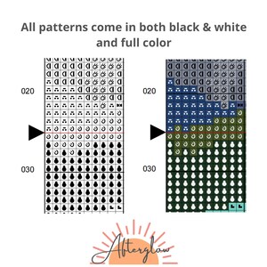 May include: Black and white and color versions of a cross stitch pattern. The pattern is a grid of squares with different symbols in each square. The pattern is labeled "020" and "030".