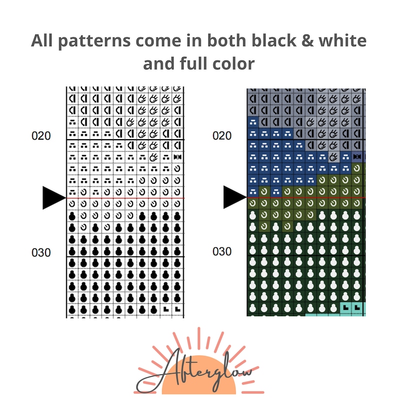 May include: Black and white and color versions of a cross stitch pattern. The pattern is a grid of squares with different symbols in each square. The pattern is labeled "020" and "030".