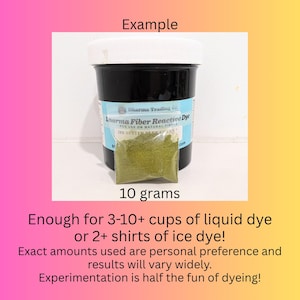 May include: A black Dharma Fiber Reactive Dye jar with a white lid, and a small bag of green dye. The bag is labeled "10 grams". The text on the jar reads "Dharma Fiber Reactive Dye".